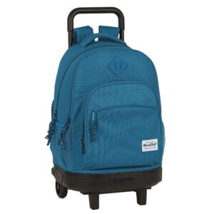 Un sac à dos à roulettes bleu canard posé sur son chariot noir à deux roues avec une poignée télescopique, idéal pour l'école ou les voyages.